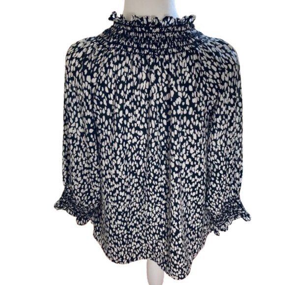Talbots Smocked Ruffled Blouse Flowy Abstract Animal Print, 3/4 Sleeve, sz MP - Picture 7 of 13